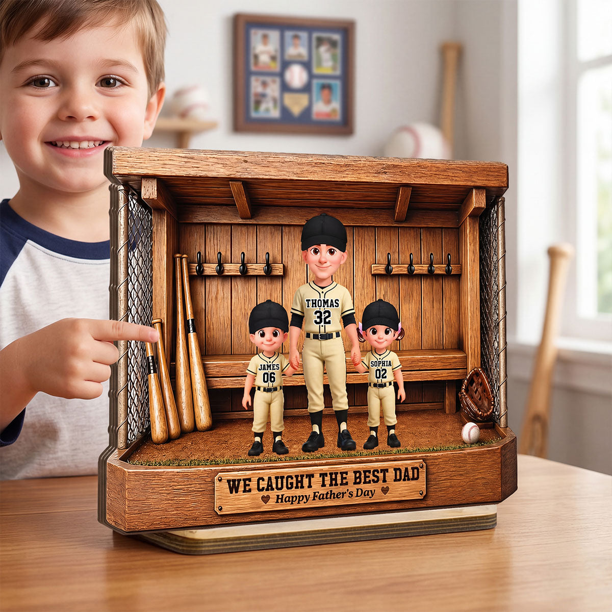 Baseball Dugout Dad And Kids We Caught The Best Dad - Personalized 2-Layered Wooden Plaque - Gift For Dad