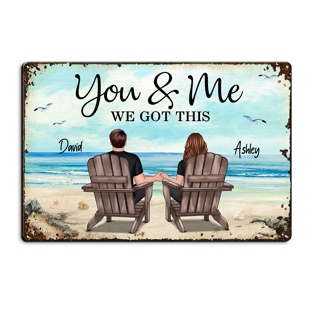 Back View Couple Sitting Beach Landscape Personalized Metal Sign
