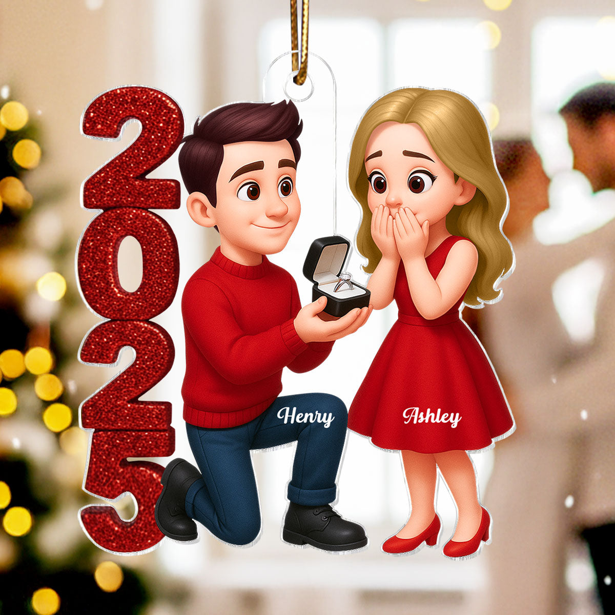 3D Glitter Effect 2025 Marriage Proposal Couple - Personalized Acrylic Ornament - Newly Engaged Gift, ""She Said Yes!"" Ornament