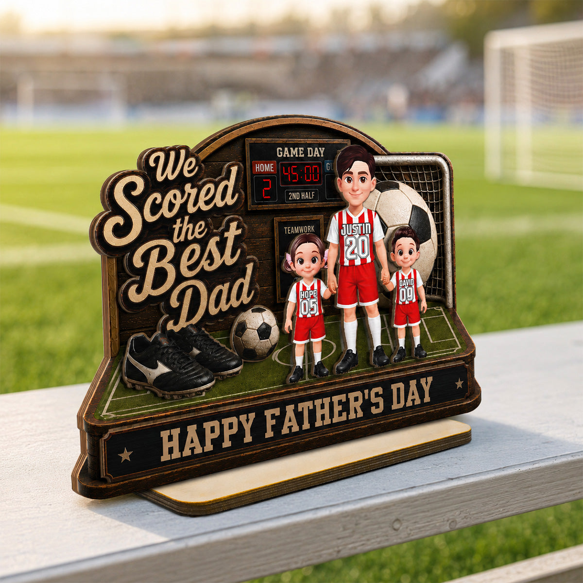 Soccer Dad & Kids On Court 2D Flat - Personalized 2-Layered Wooden Plaque - Gift For Soccer Dad, UK Football Dad