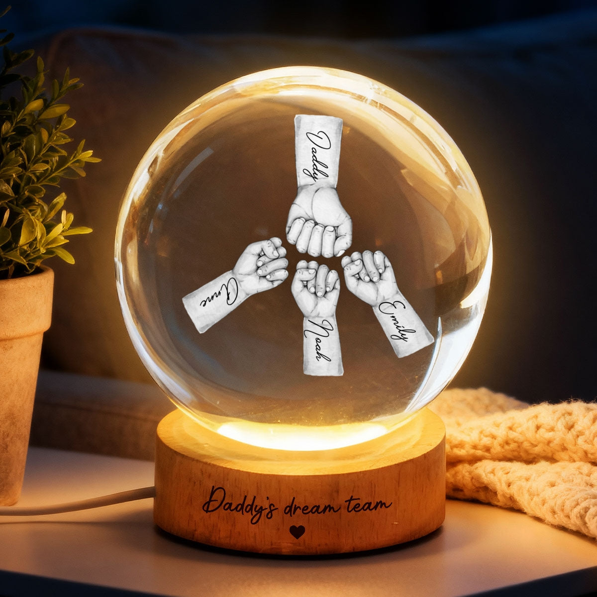 Daddy's Dream Team - Personalized Crystal Ball LED Night Light - Gift for Dad, Husband
