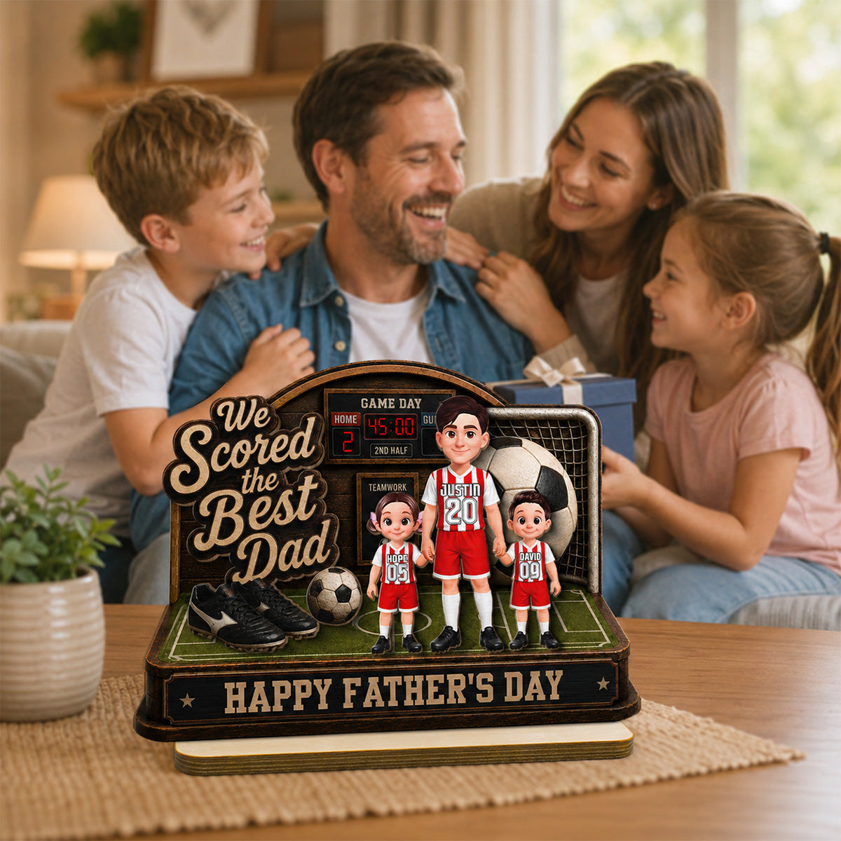 Soccer Dad & Kids On Court 2D Flat - Personalized 2-Layered Wooden Plaque - Gift For Soccer Dad, UK Football Dad