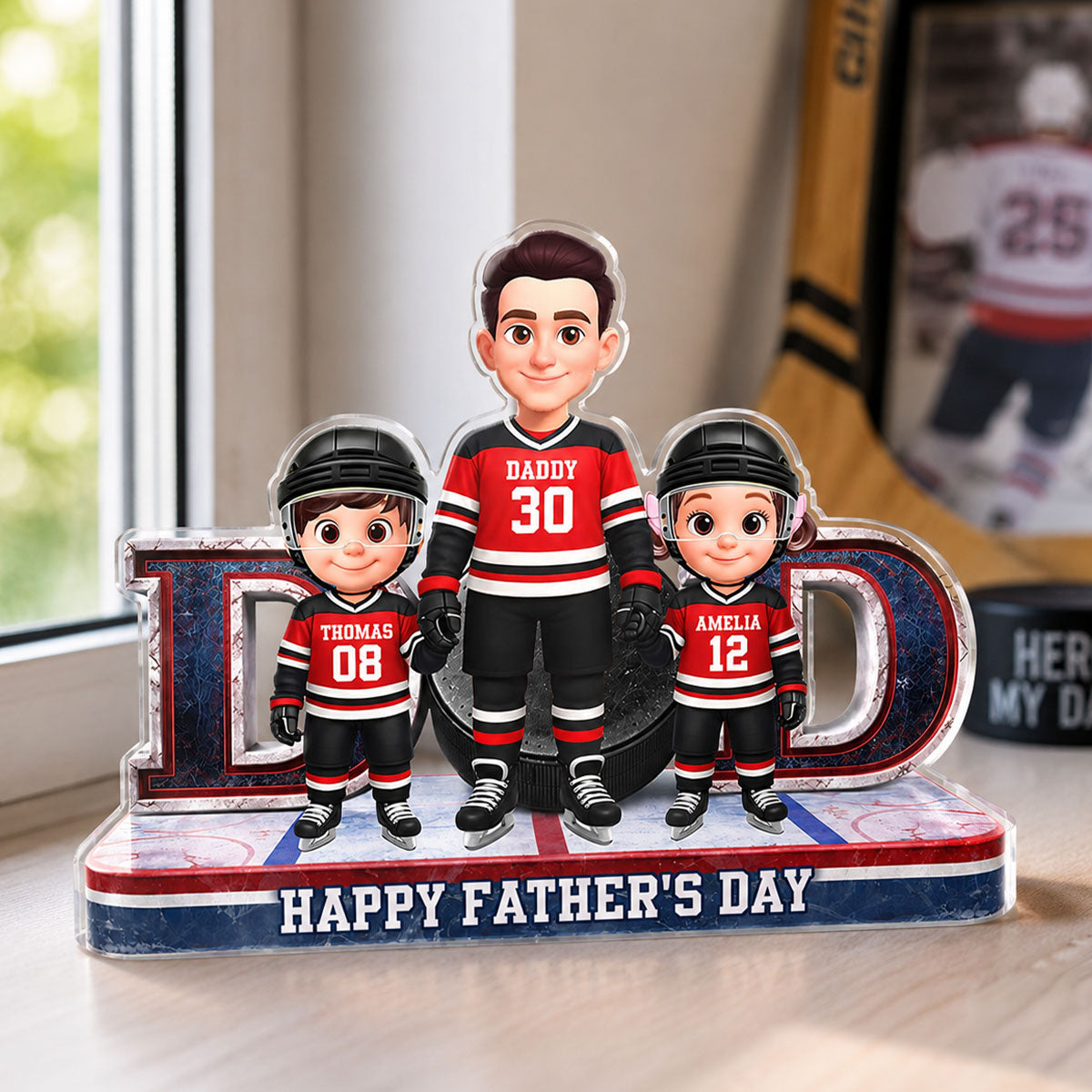 Hockey Dad And Kids Together Front View - Personalized Acrylic Block Plaque - Gift For Dad, Husband