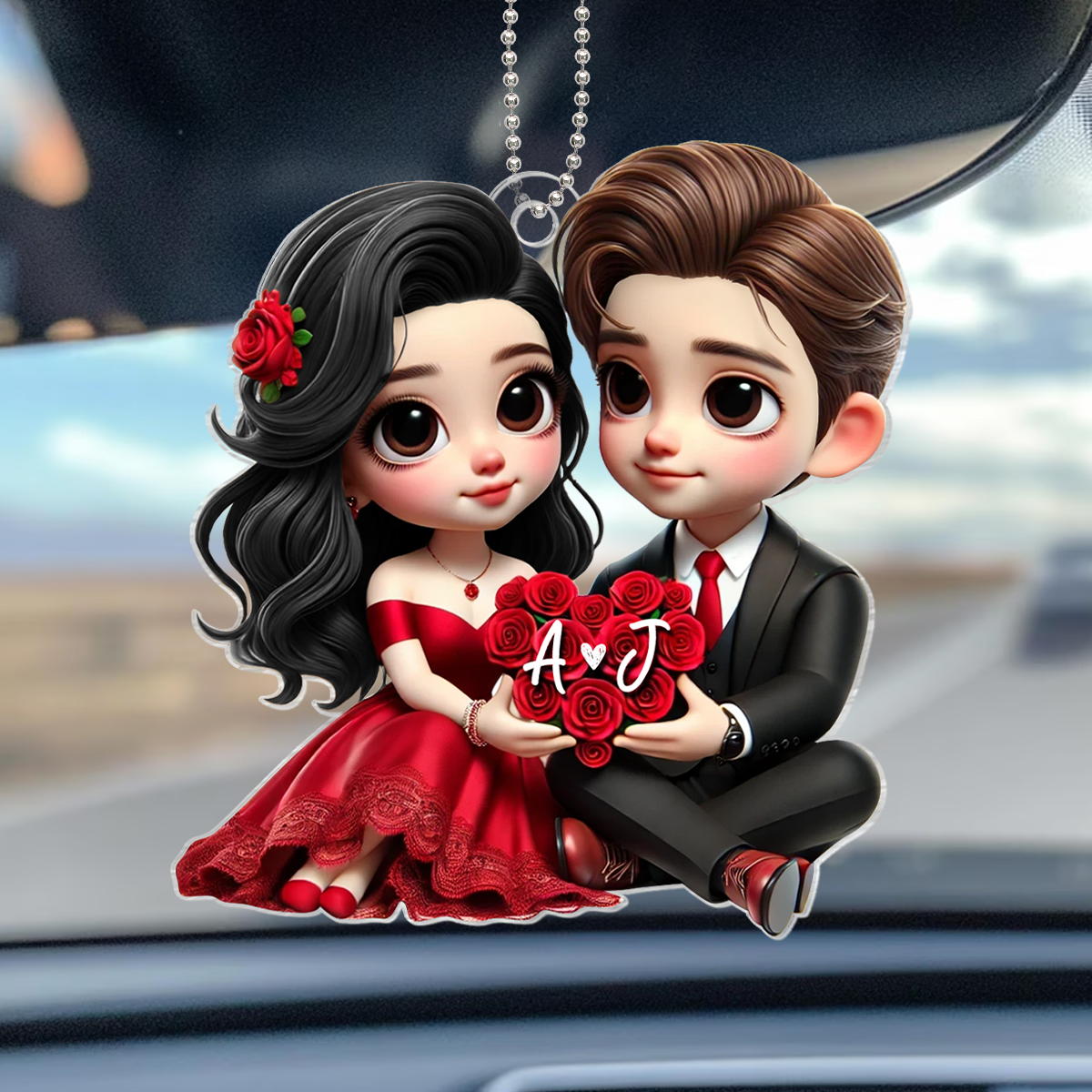 Romantic Couple Roses Personalized Acrylic Car Hanger, Anniversary Gift for him, Gift for her