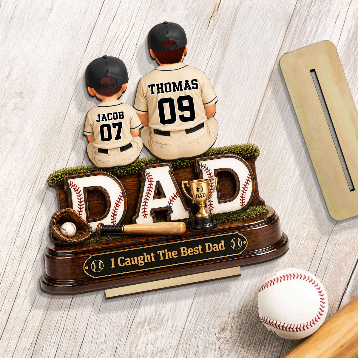 Baseball Dad and Children We Caught the Best Dad - Personalized 2-Layered Wooden Plaque - Gift for Dad, Husband