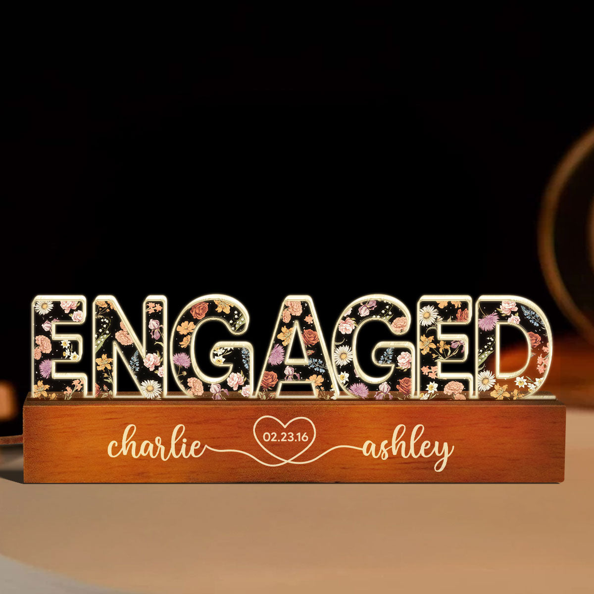 Personalized Couple Engagement Floral Theme Anniversary Gift Acrylic Block LED Night Light, Heartfelt 2025 Gift, For Him, For Her, For Husband, For Wife