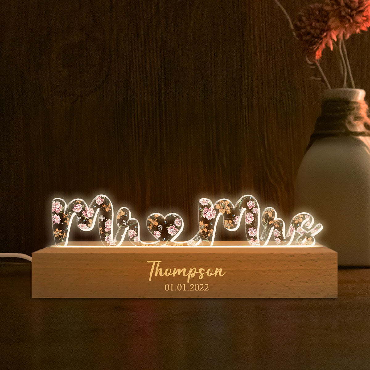 Mr & Mrs Wedding Anniversary Gift for her & for him, Custom Flower Printed LED Night Light