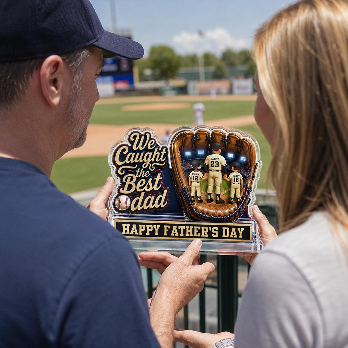 We Caught The Best Dad Dad & Kids In Glove 2D Flat - Personalized Acrylic Block Plaque - Happy For Baseball Dad