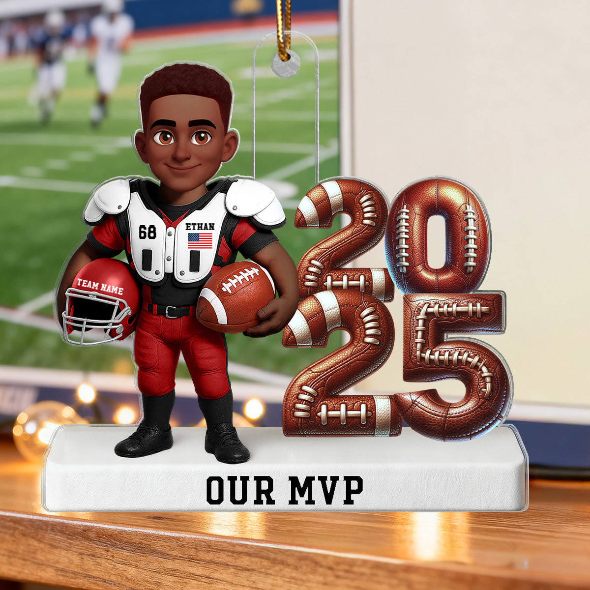 Proud American Football Player Standing By Year 3D Effect - Personalized Acrylic Ornament