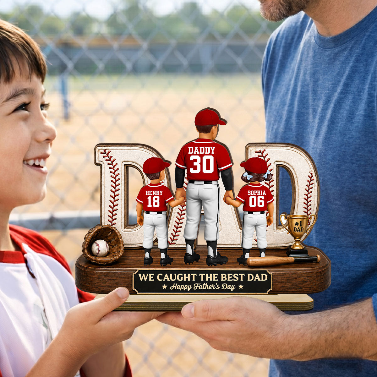 No 1 Baseball Dad Legend We Caught The Best Dad - Personalized 2-Layered Wooden Plaque - Gift For Dad, Husband