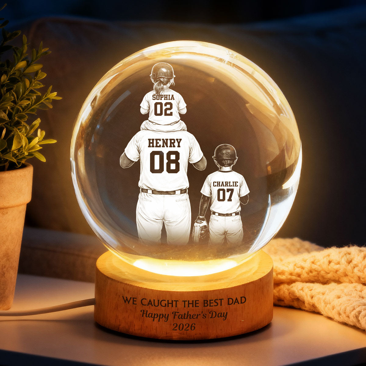 We Caught the Best Dad - Personalized Crystal Ball LED Night Light - Gift for Dad, Husband