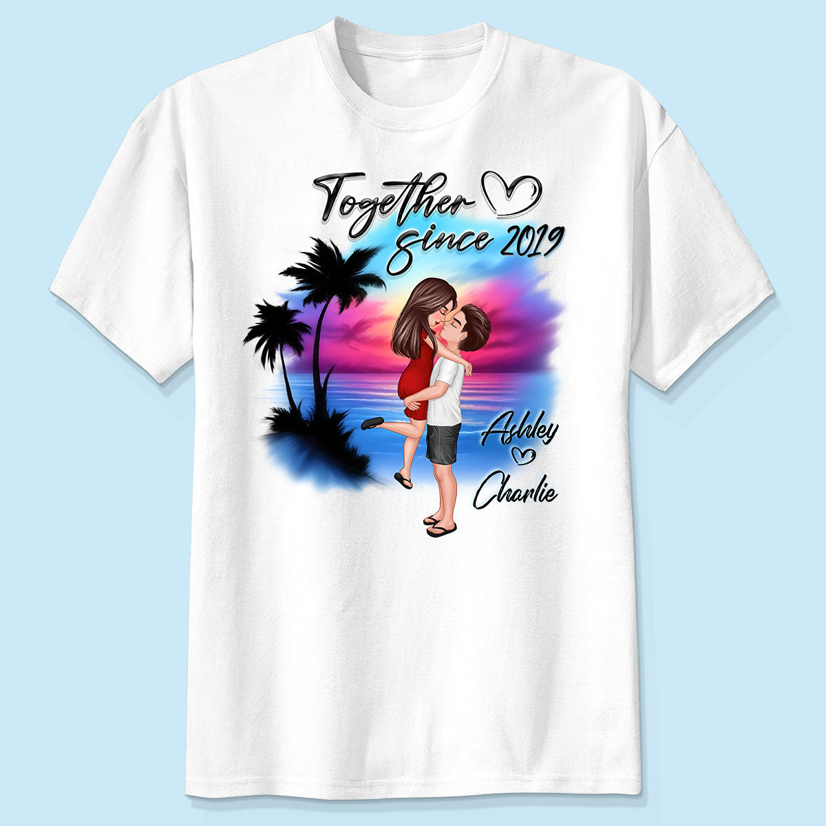 Couple Hugging Kissing Airbrushed Beach Scene Personalized Shirt