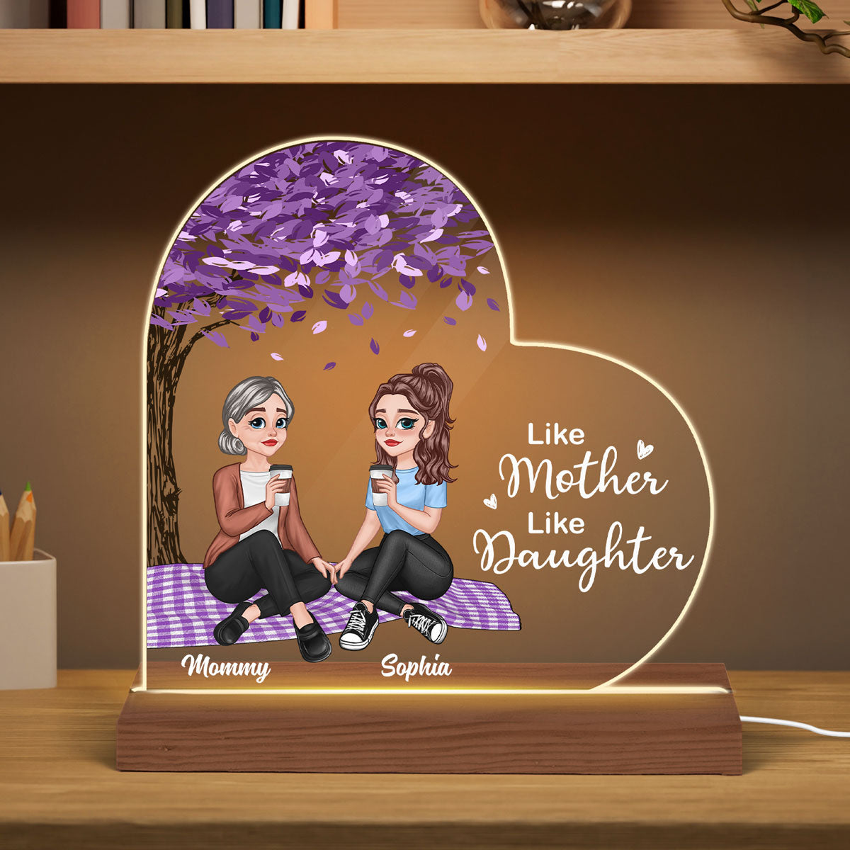 Like Mother Like Daughter Pretty Cartoon Mom Daughter Under Tree Personalized Heart Shaped Acrylic Plaque With LED Night Light