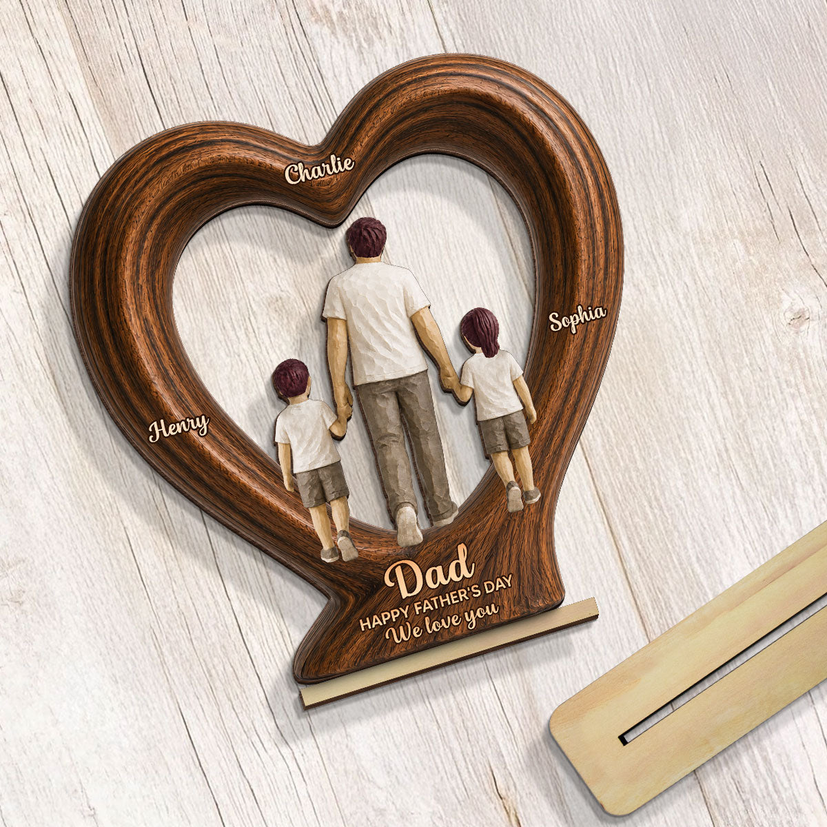 Sentimental Rustic Dad And Kids Walking In Heart 2D Flat - Personalized 2-Layered Wooden Plaque - Gift For Dad, Husband