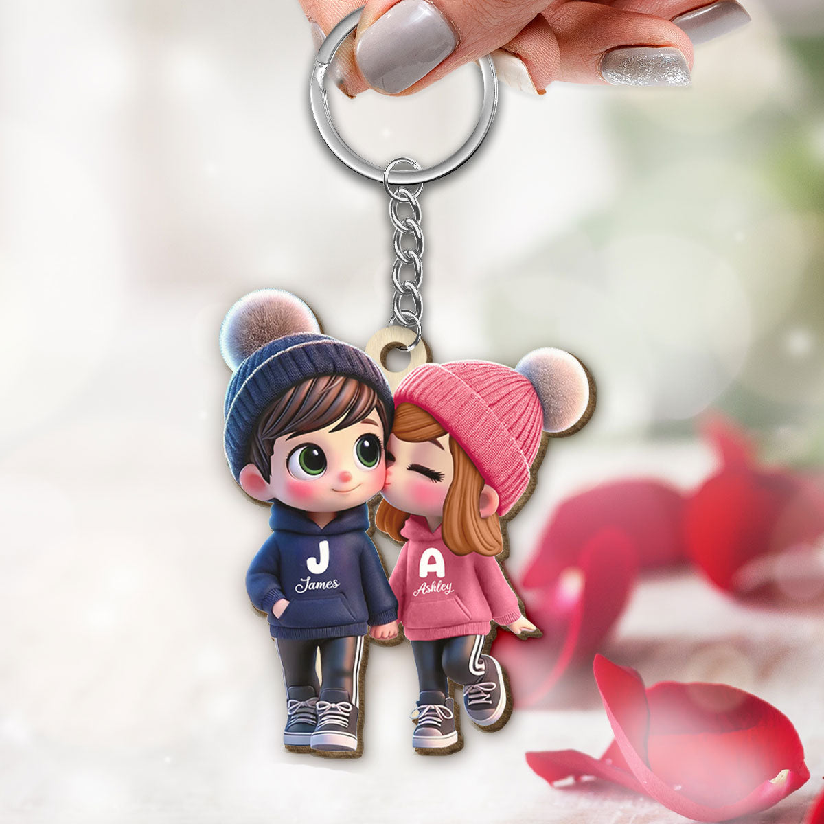 3D Effect Cute Cartoon Couple Walking Personalized Wooden Keychain, Gift for Him, Gift for Her