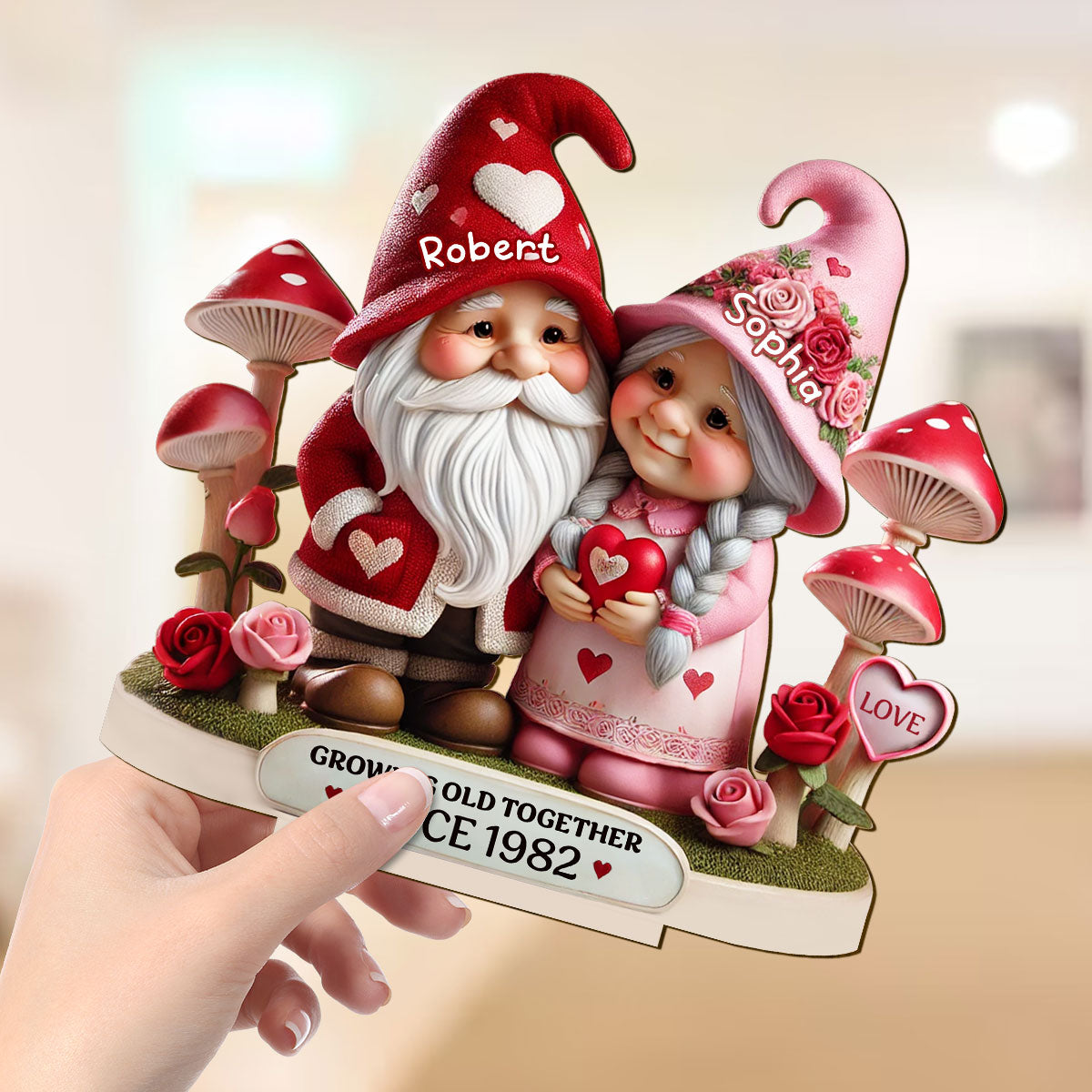 3D Effect Gnome Mushroom Old Couple Personalized Wooden Standing, Heartfelt Anniversary Gift, Gift For Couple, For Him, For Her, Husband, Wife