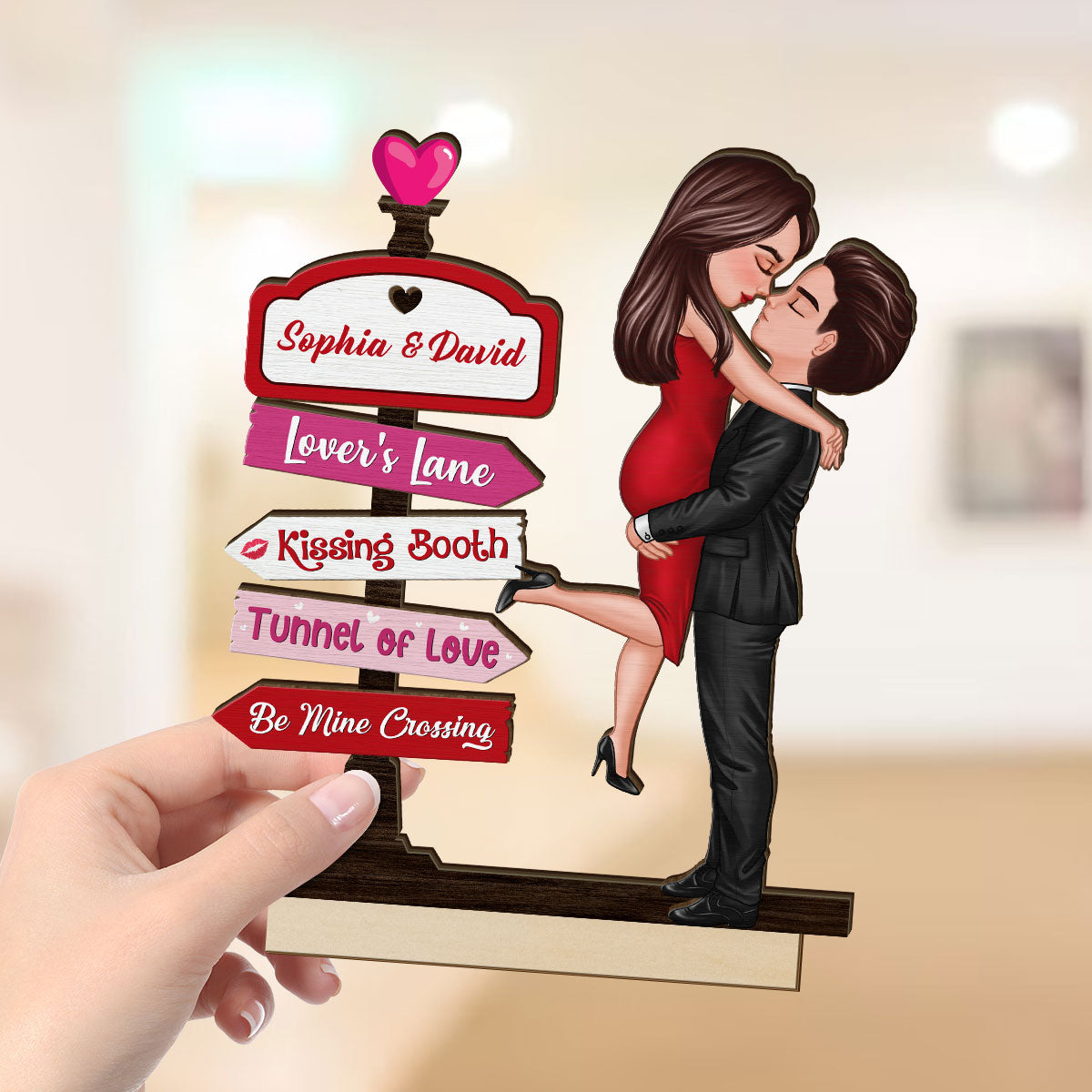 Couple Hugging Kissing Directional Sign Home Decor Personalized 2-Layer Standing Wooden Plaque
