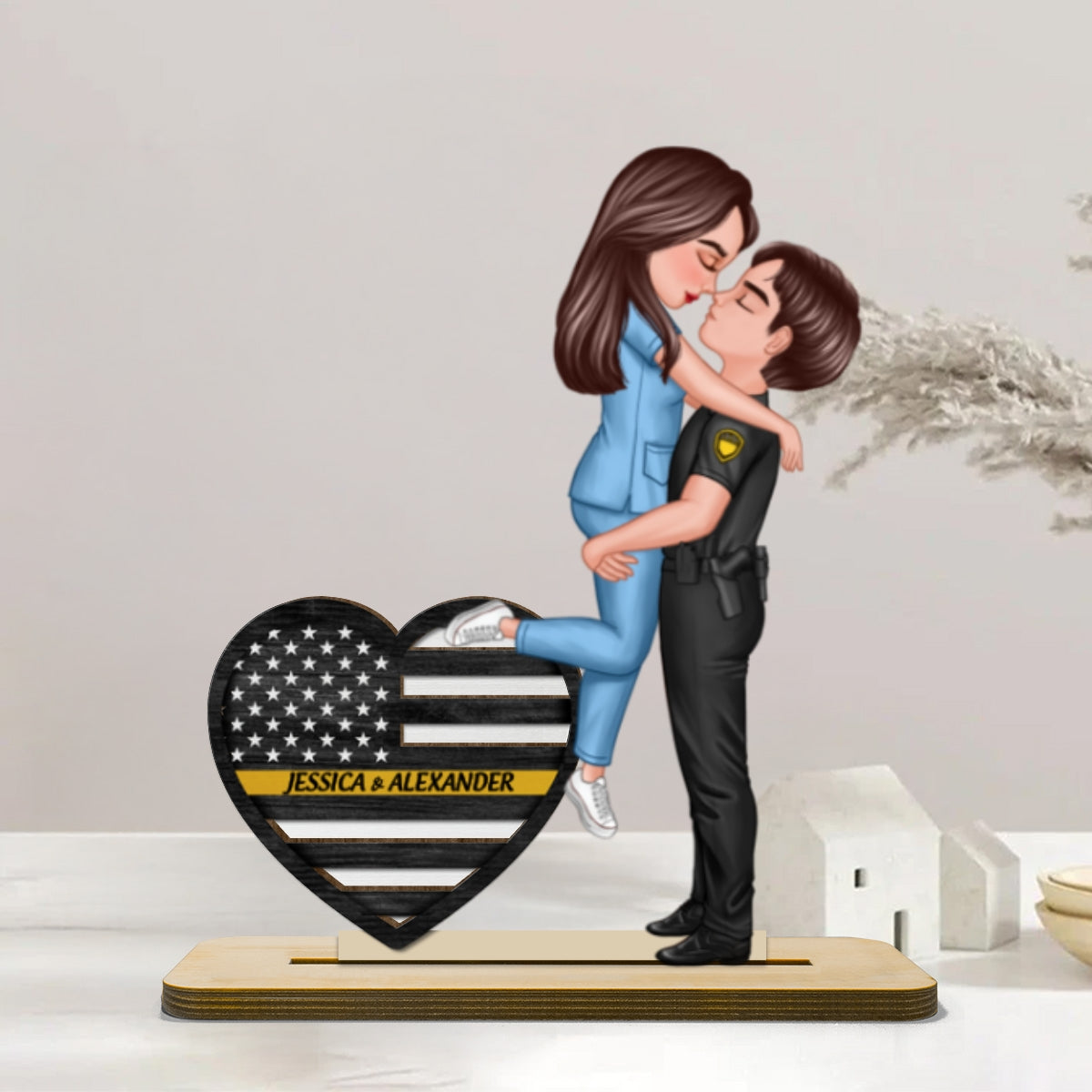 Hero Couple Hugging Kissing Keepsake Gift by Occupation Personalized 2-Layer Standing Wooden Plaque