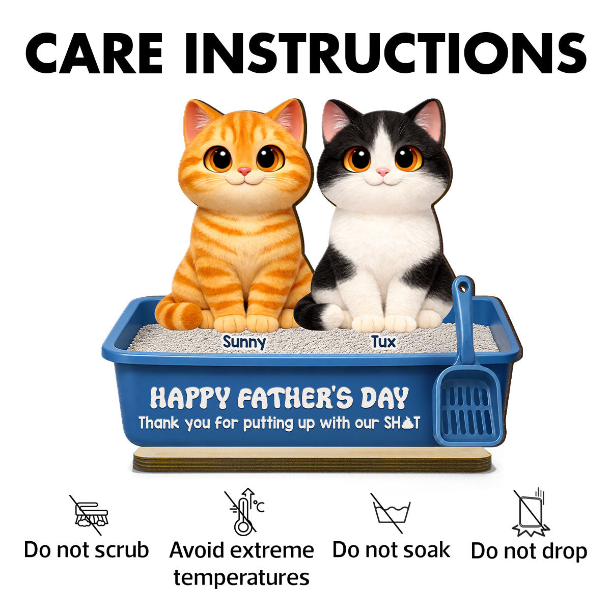 Cute Fluffy Cats Happy Thanks For Feeding And Scooping Poo 2D Flat - Personalized 2-Layered Wooden Plaque - Funny Gift For Cat Dad, Cat Lovers