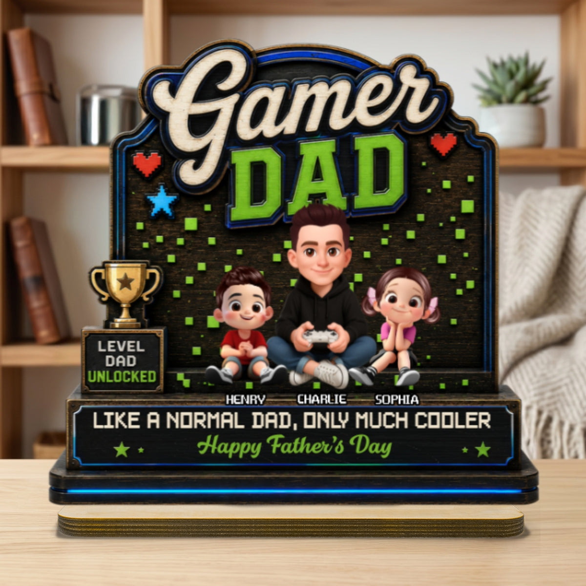 Gamer Dad & Kids - Personalized 2-Layered Wooden Plaque - Gift For Gamer Dad