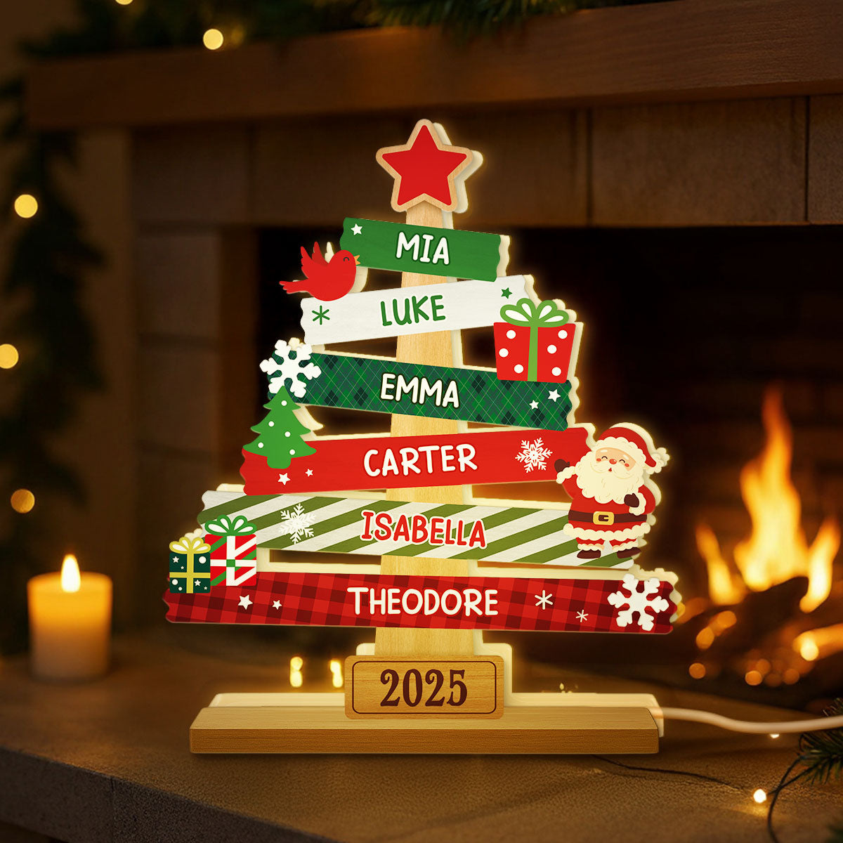 3D Effect Cute Christmas Tree Family Names Personalized LED Light Box