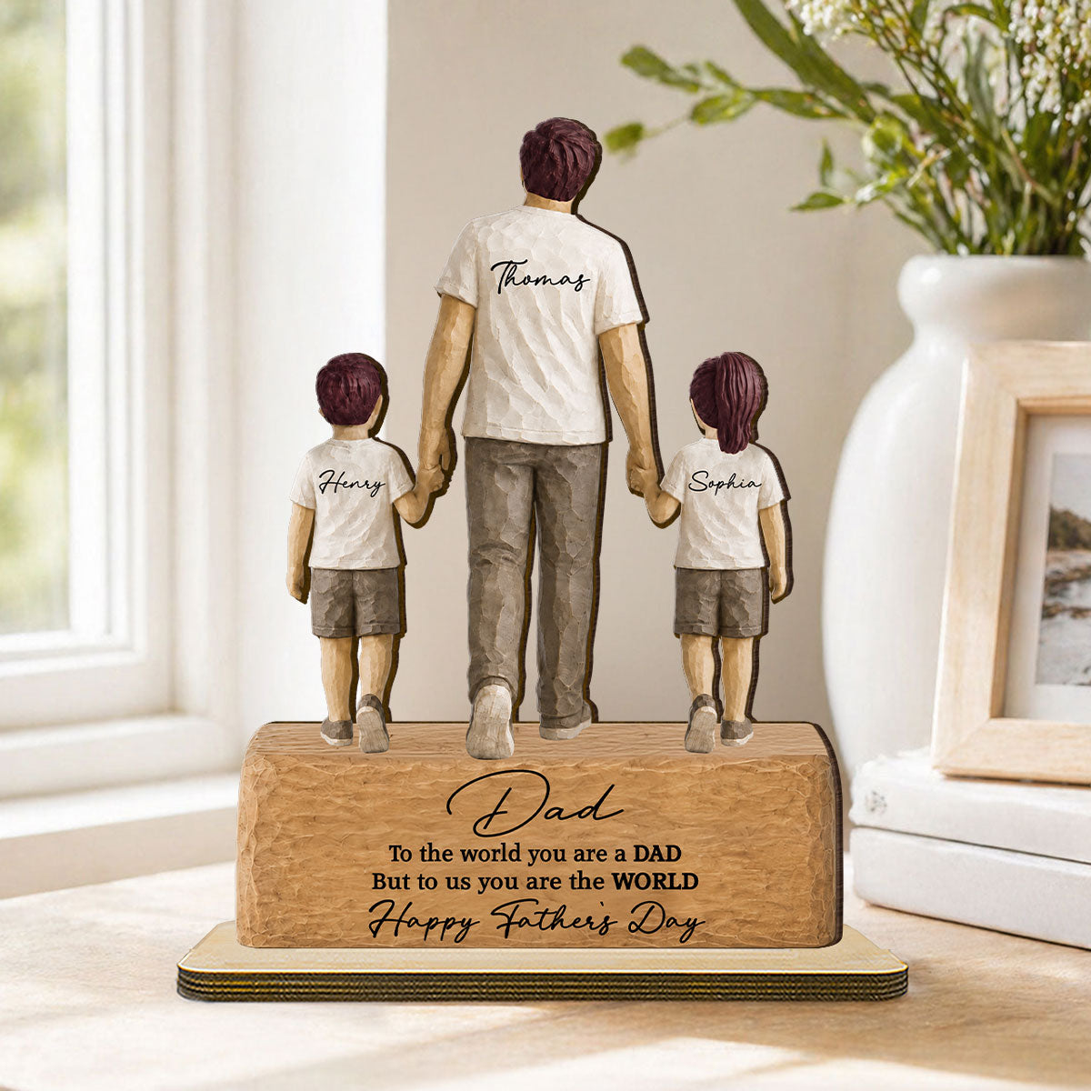 Sentimental Rustic Dad And Kids Walking - Personalized 2-Layered Wooden Plaque - Heartfelt Gift For Dad, Husband