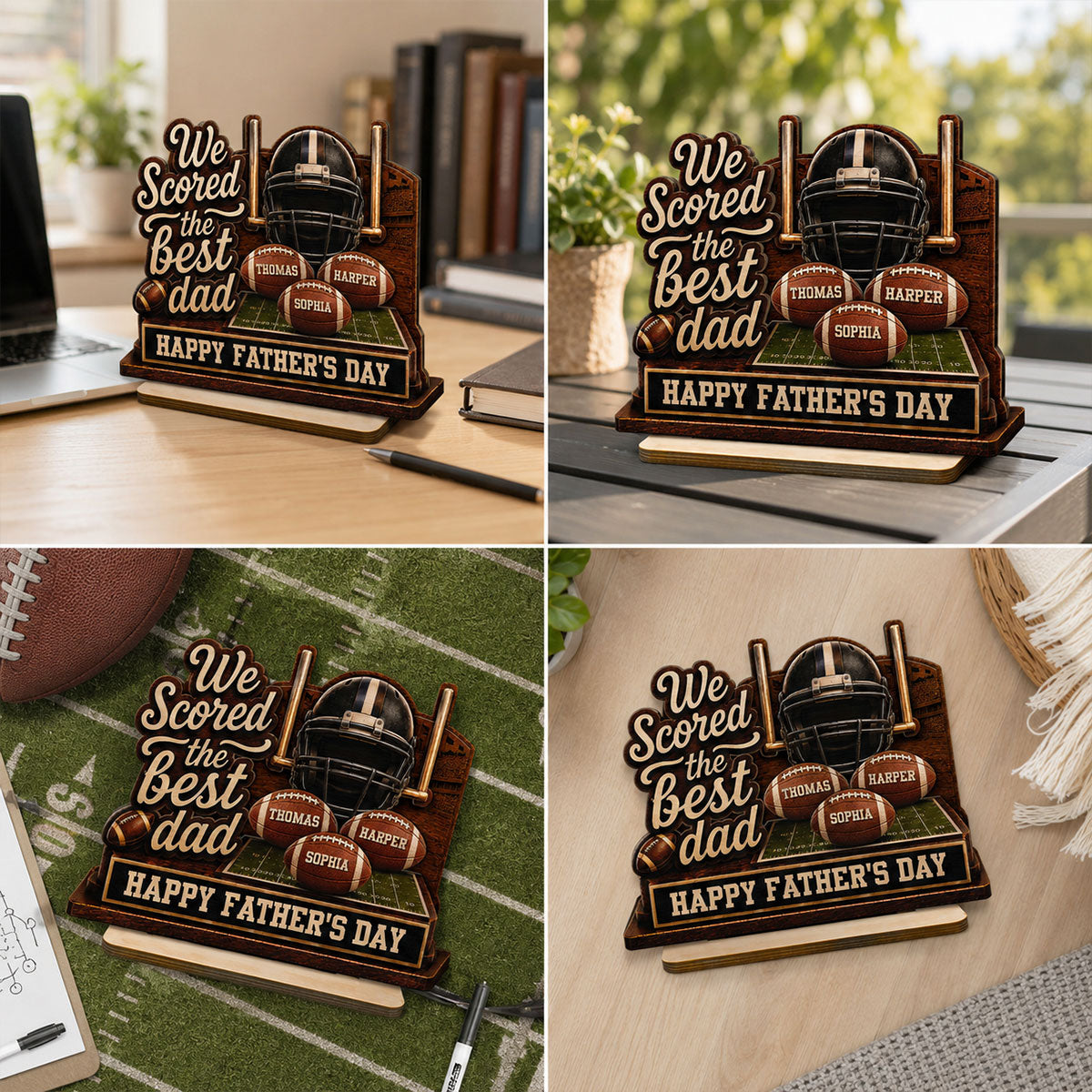 We Scored The Best American Football Dad Custom Name 2D Flat - Personalized 2-Layered Wooden Plaque - Gift For Football Dad