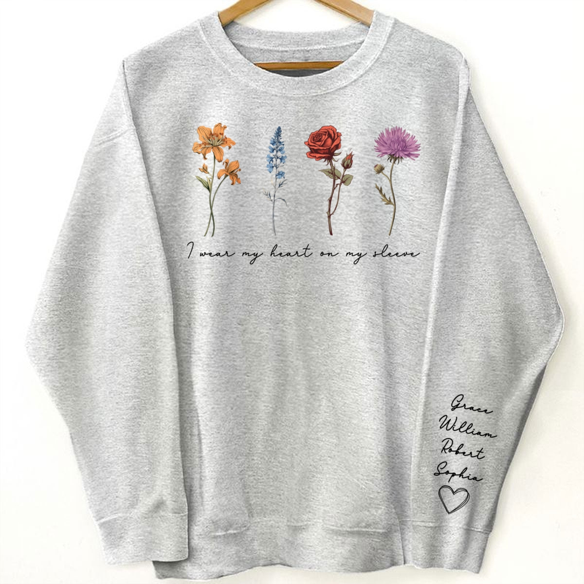 Vintage Birth Month Flowers Personalized Sleeve Printed Sweatshirt, Gift For Mom Granma Aunt