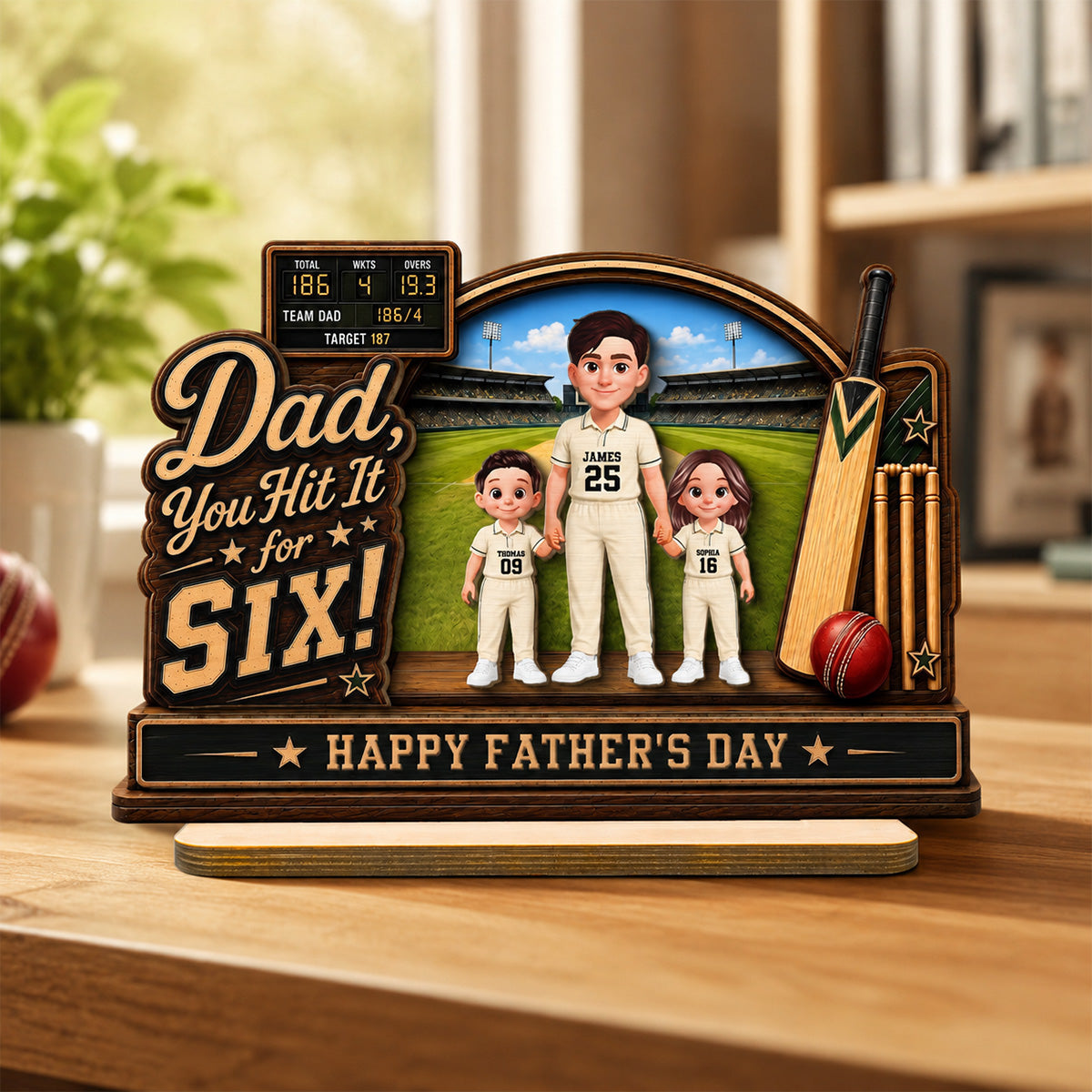 Hit A Six With The Best Dad Cricket Dad & Kids On Court - Personalised 2-Layered Wooden Plaque - Gift For Husband, Dad