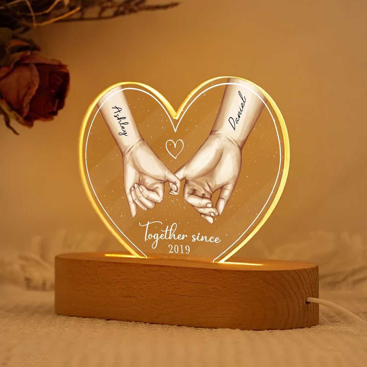 Personalized Couple Hands Pinky Promise Acrylic Heart LED Night Light, gift, Anniversary Gift for Couples