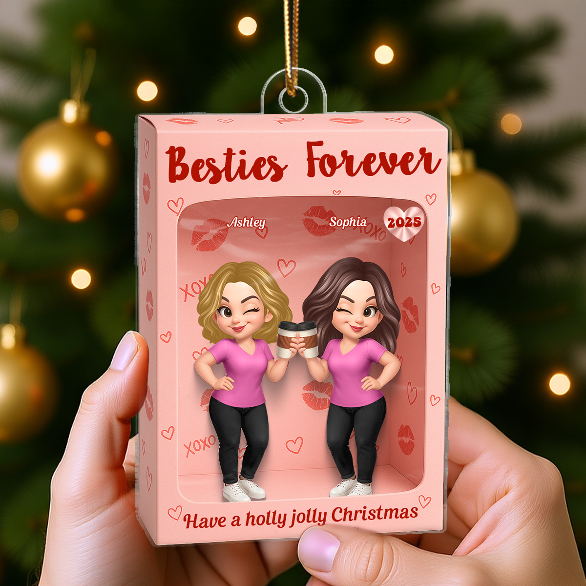 Besties XOXO Pretty Girls Cartoon Toy Box Style - Personalized Acrylic Ornament - Christmas Gift For Best Friends