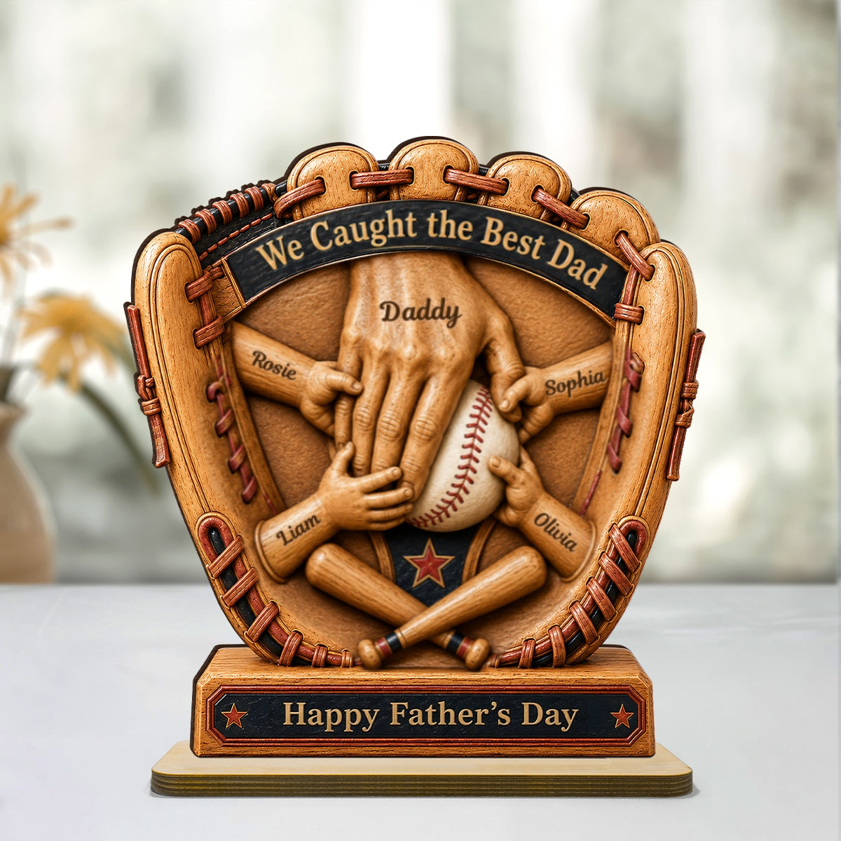 Baseball Glove Dad & Kids' Hands - Personalized 2-Layered Wooden Plaque - Gift For Dad, Husband