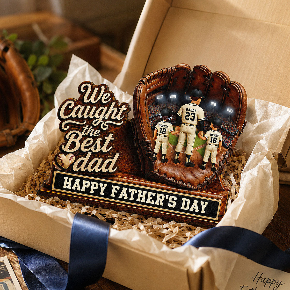 We Caught The Best Dad Dad & Kids In Glove - Personalized 2-Layered Wooden Plaque - Happy For Baseball Dad