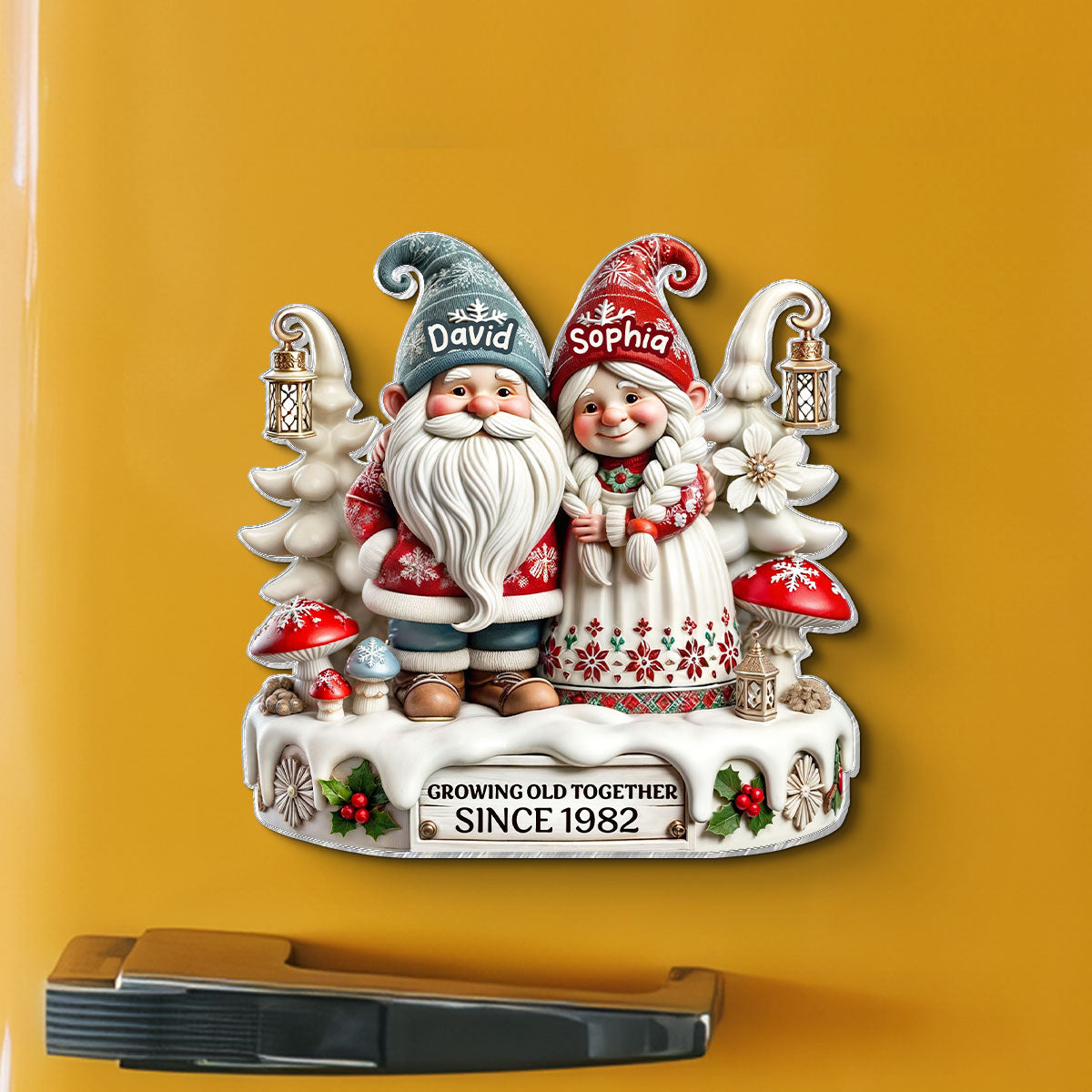 3D Effect Gnome Couple Together Personalized Acrylic Fridge Magnet, 2025 Heartfelt Gift, Anniversary Gift For Couple, For Him, For Her, Husband, Wife