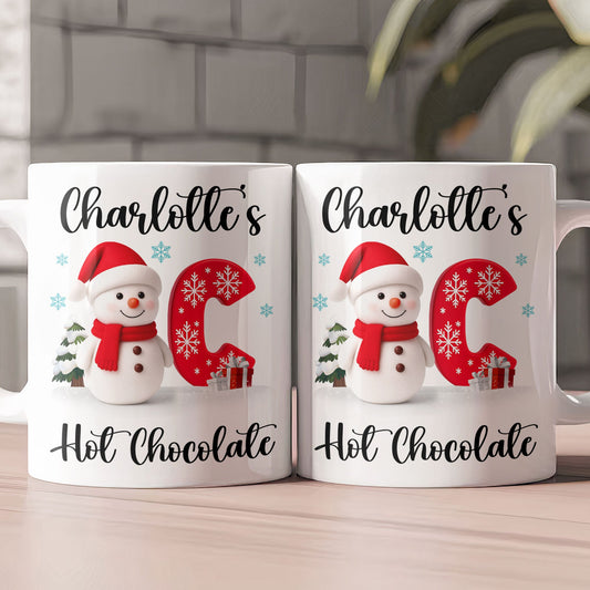 Snowman Initial Christmas Hot Chocolate - Personalized Mug