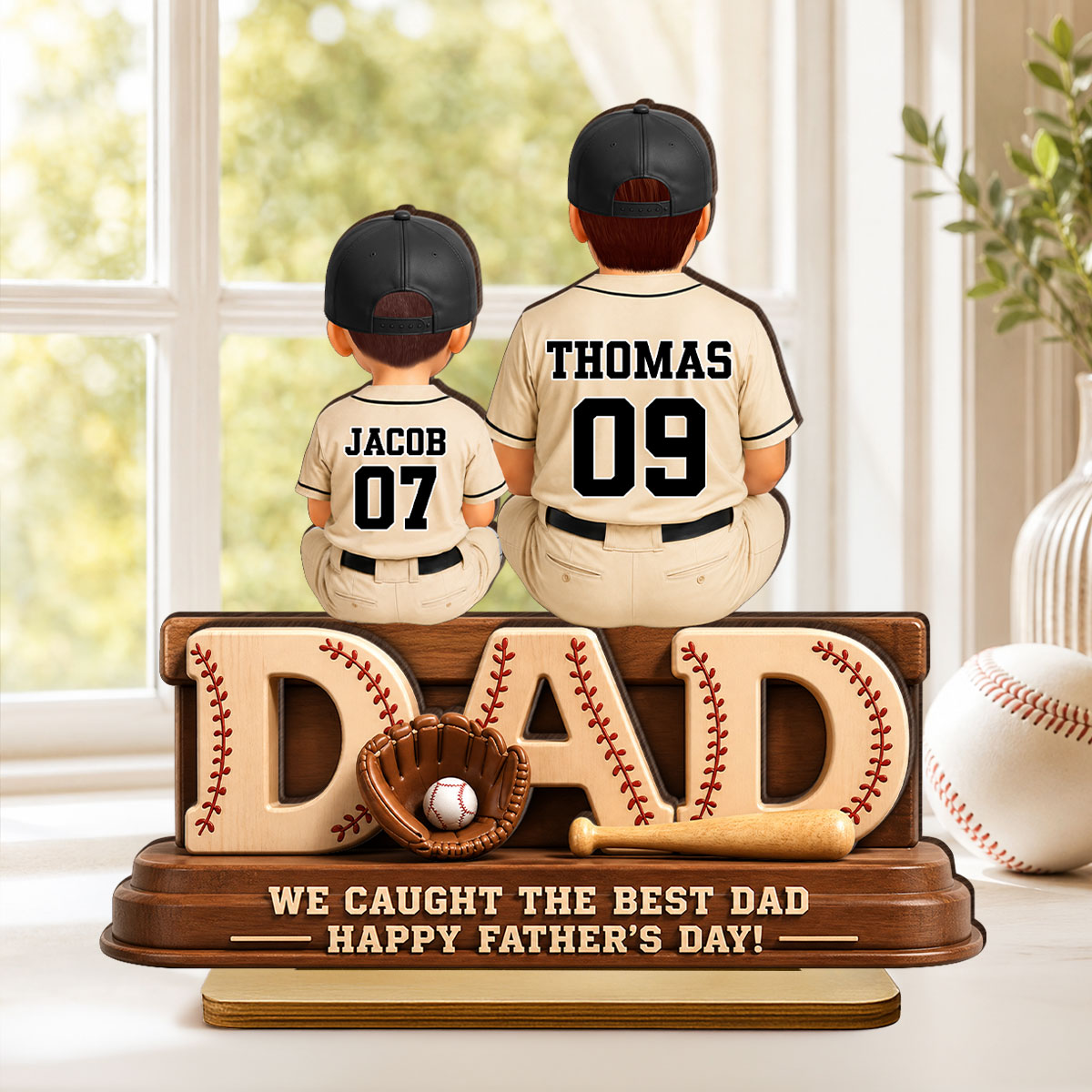 We Caught the Best Baseball Dad, Dad & Kids Back View - Personalized 2-Layered Wooden Plaque - Gift for Dad, Husband