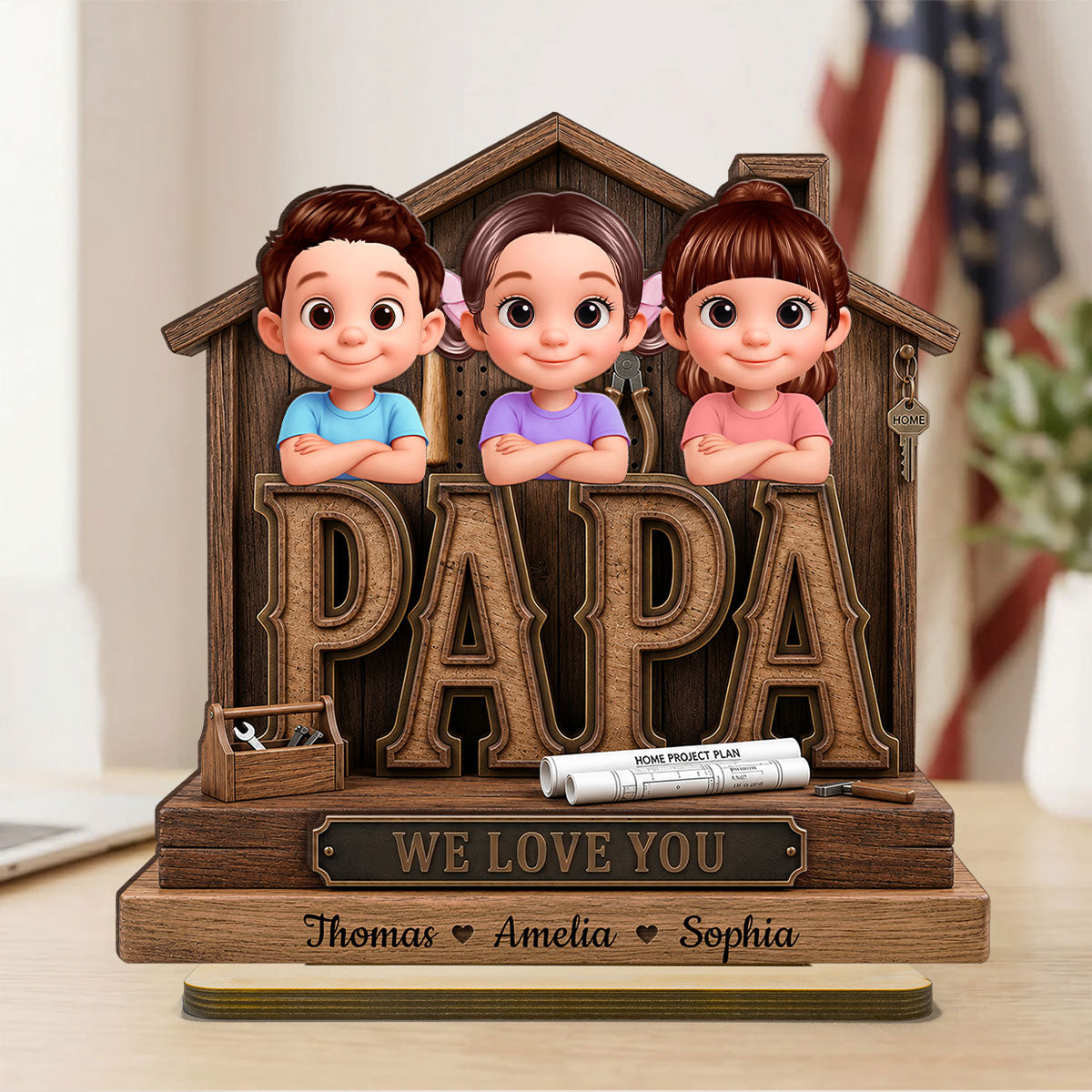 Papa Home Tools We Love You - Personalized 2-Layered Wooden Plaque - Gift for Grandpa, Dad