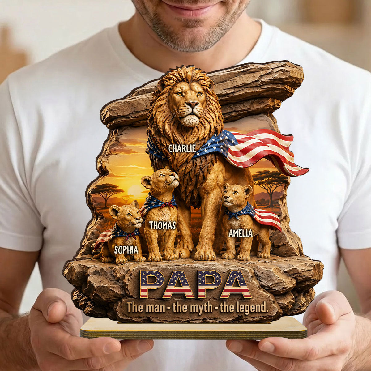 Lion Dad Papa the Legend - Personalized 2-Layered Wooden Plaque - Gift for Dad, Husband