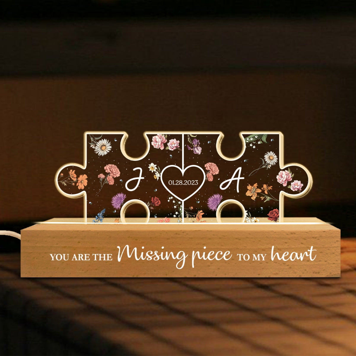Couple Initials Puzzle Pieces Floral Theme Gift Personalized Acrylic Block LED Night Light