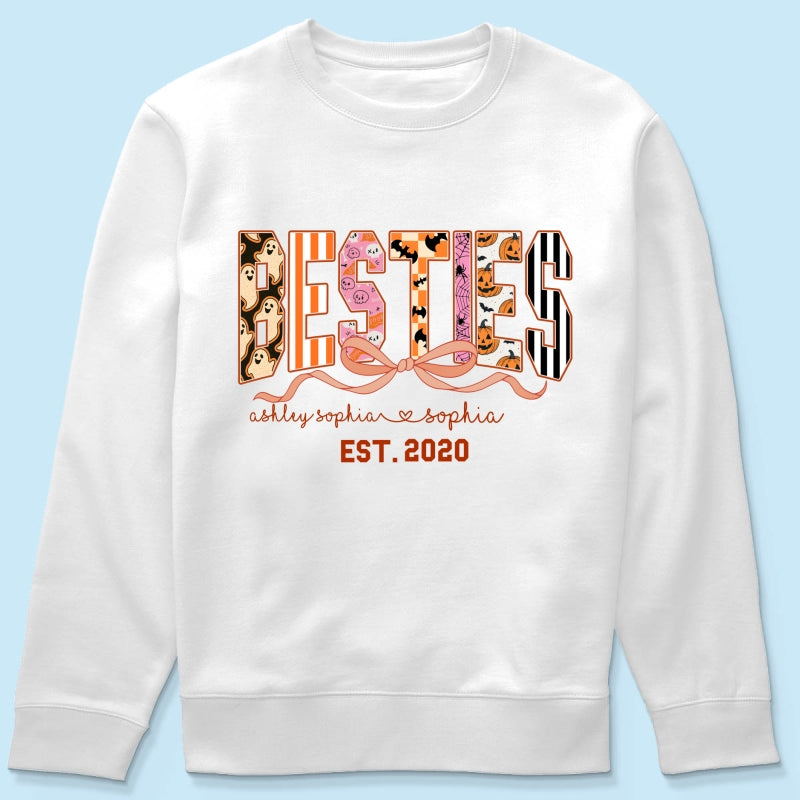 Retro Halloween Spooky Coquette Personalized Matching Besties Sweatshirt, Fall Gift for Besties