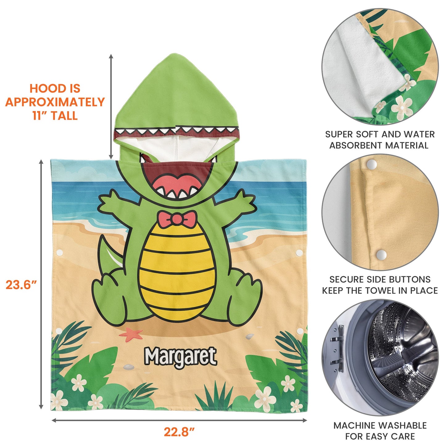 T-Rex, Dinosaur On The Beach - Personalized Kids Hooded Towel