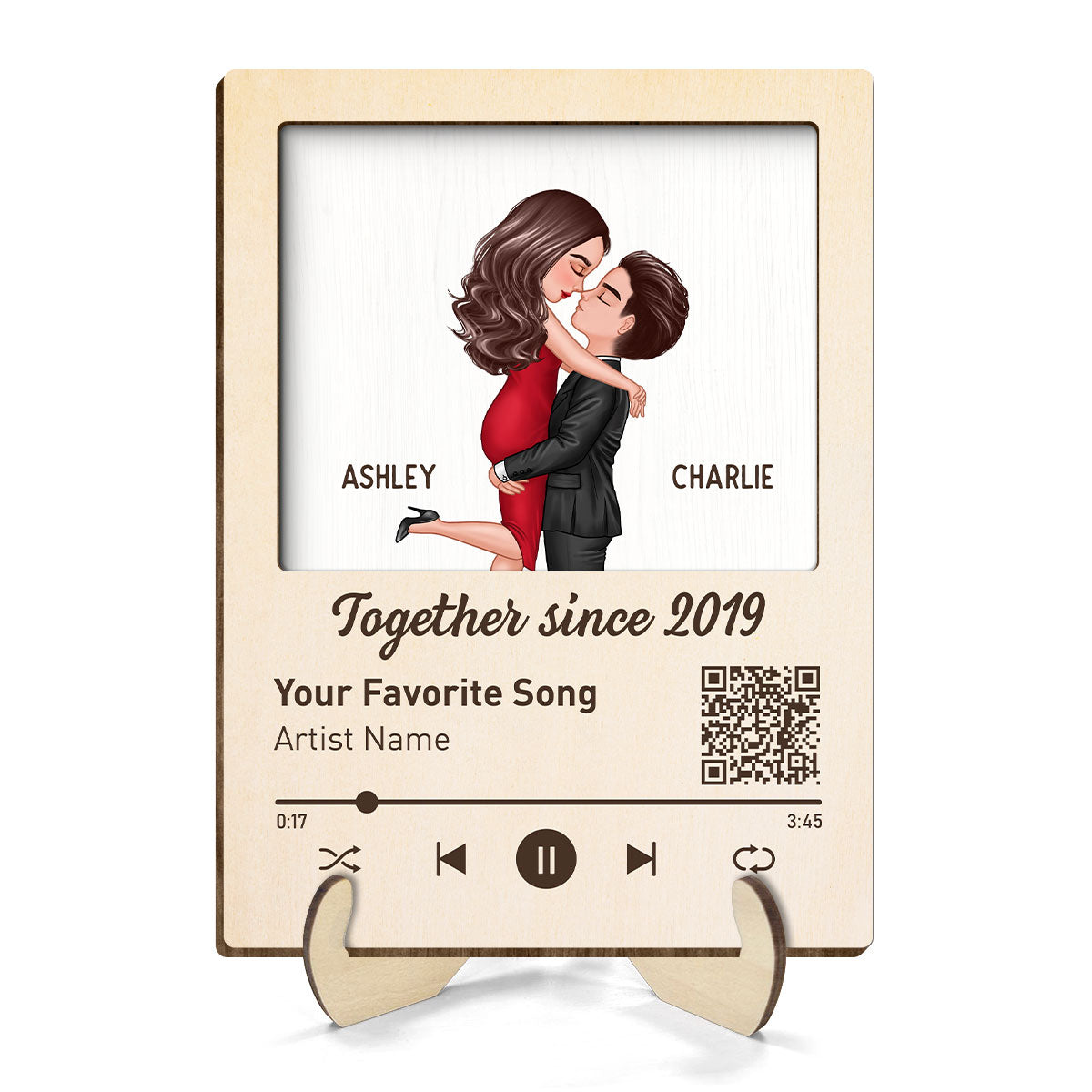 Couple Kissing Favorite Song QR Code Gift Personalized 2-layer Wooden Plaque