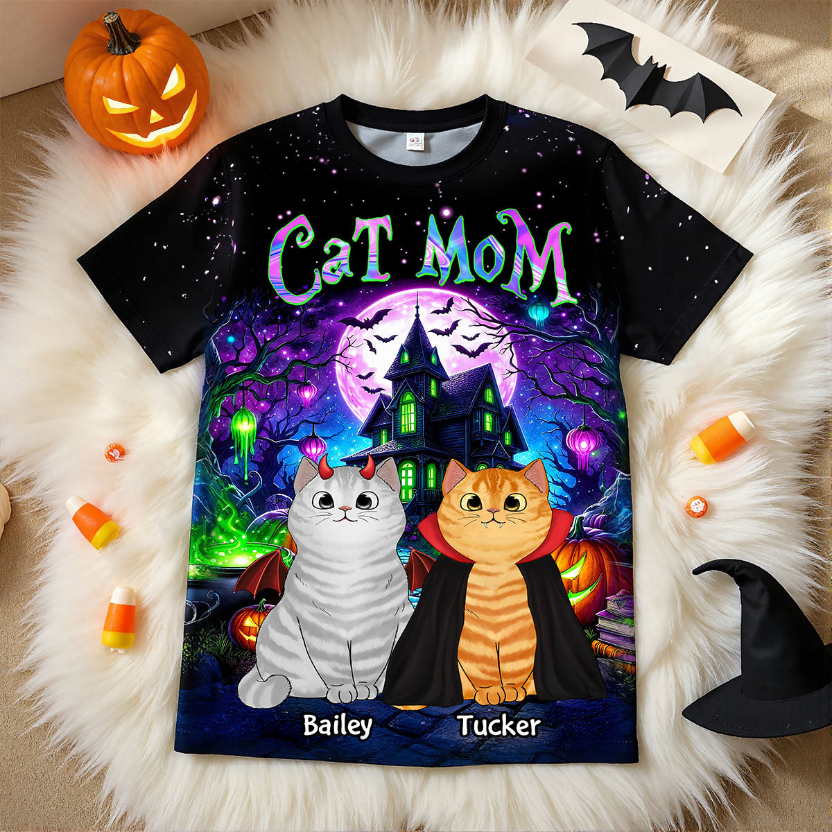 Cat Mom Halloween Dreamscape Background Personalized Shirt, Purrfect Costume for Cat Lover