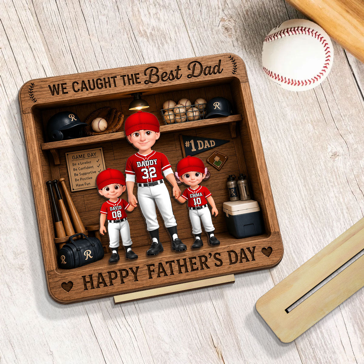 Baseball Dad & Kids Locker Room - Personalized 2-Layered Wooden Plaque - Gift For Dad, Husband