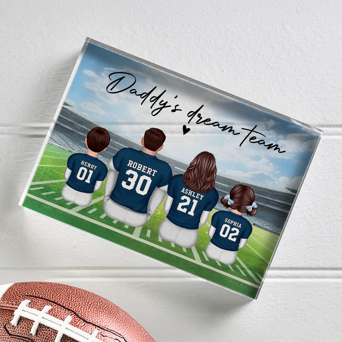 Daddy's Team Football Family Sitting Back View Personalized Acrylic Block, Gift