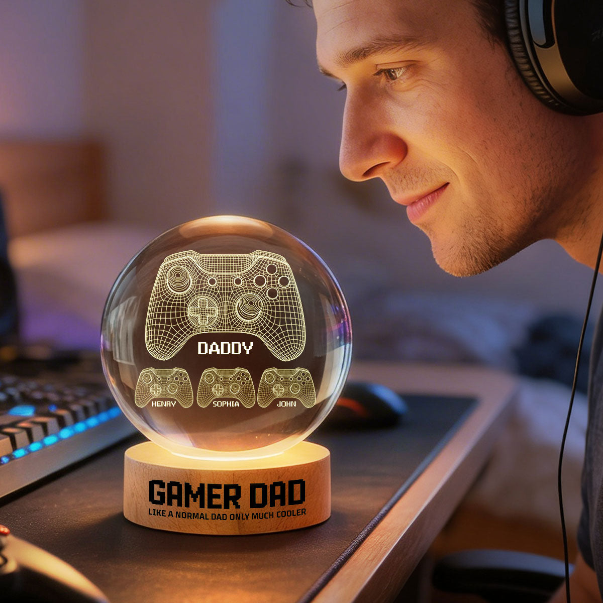 Gamer Dad Like A Normal Dad But Cooler - Personalized Crystal Ball LED Night Light - Gift For Dad