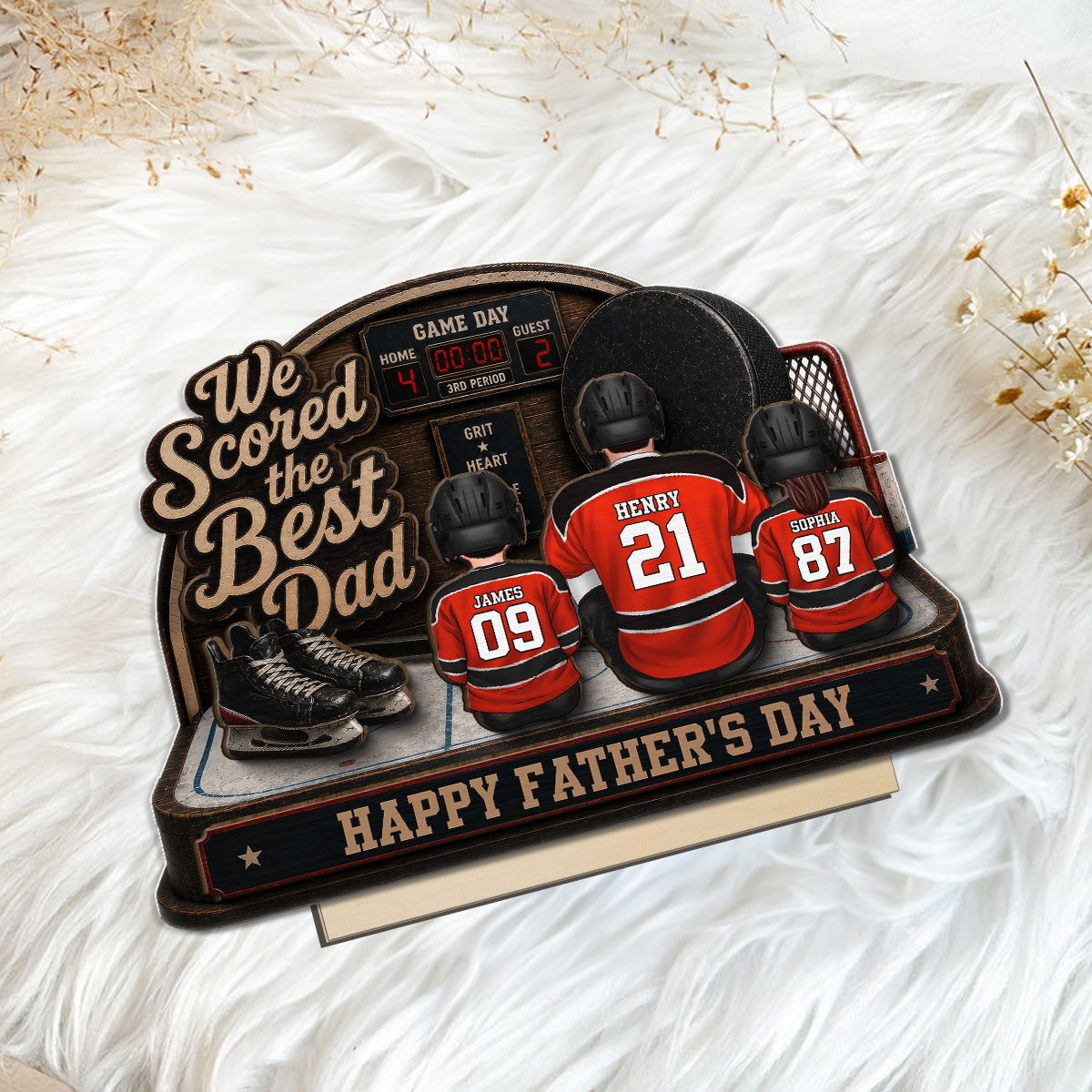 Hockey Dad & Kids Sitting On Court 2D Flat - Personalized 2-Layered Wooden Plaque - Gift For Hockey Dad