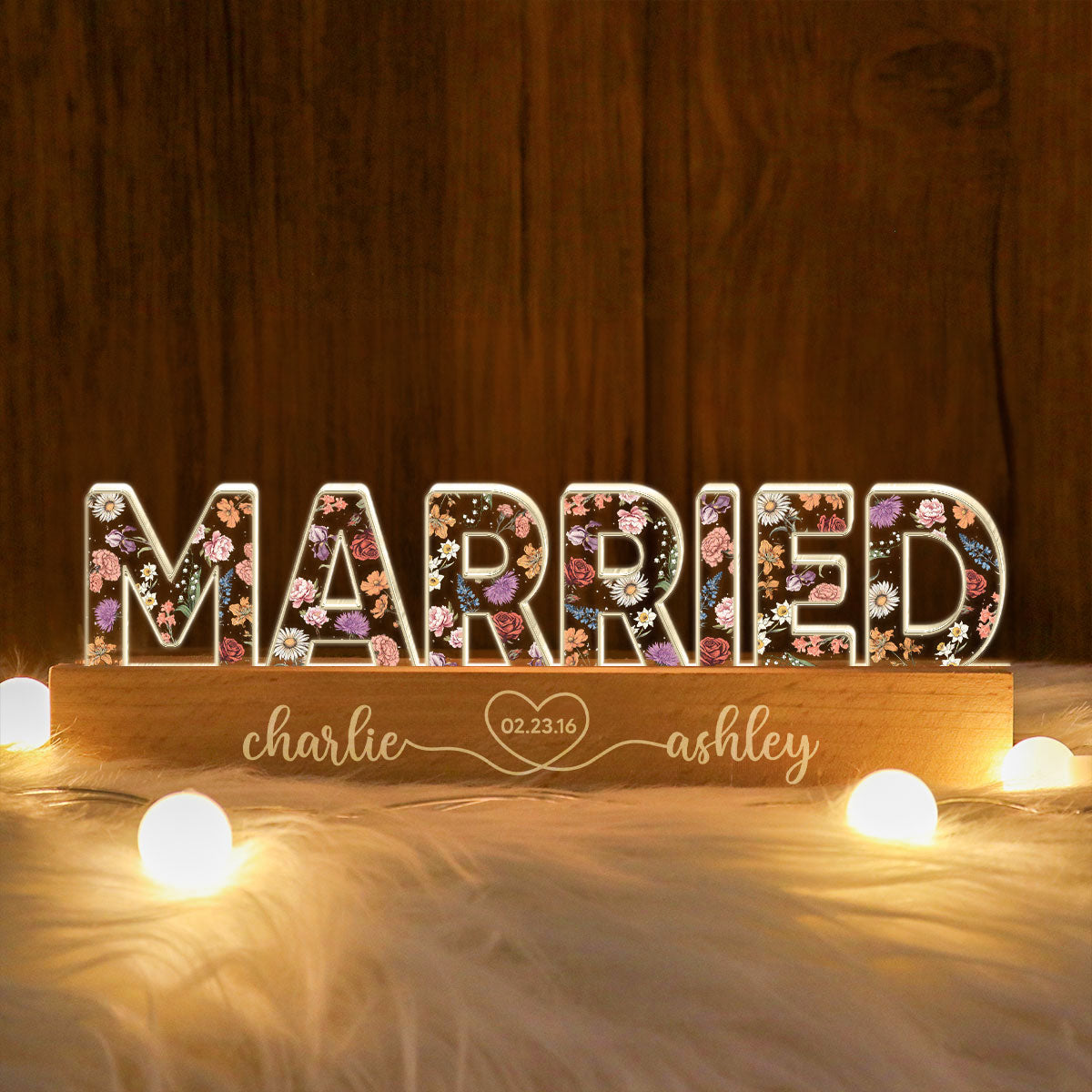 Personalized Couple Wedding Married Floral Theme Anniversary Gift Acrylic Block LED Night Light, Heartfelt 2025 Gift, For Him, For Her, For Husband, For Wife