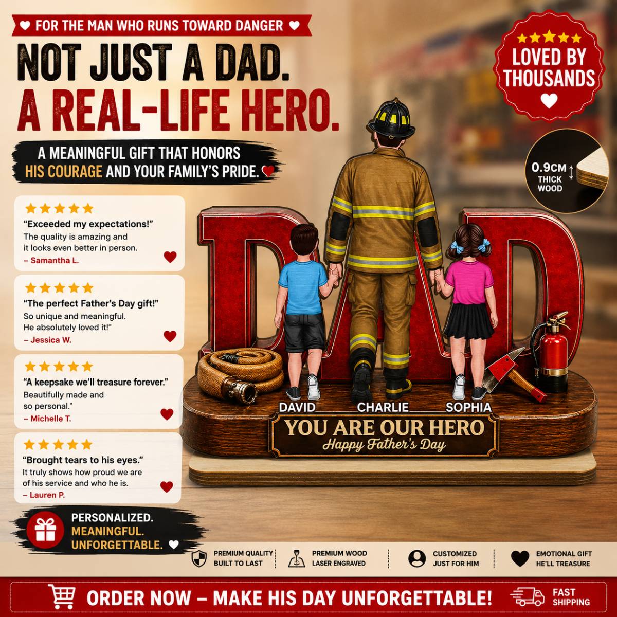Proud Firefighter Dad You Are Our Hero - Personalized 2-Layered Wooden Plaque - Unique Trending Gift For Dad, Husband
