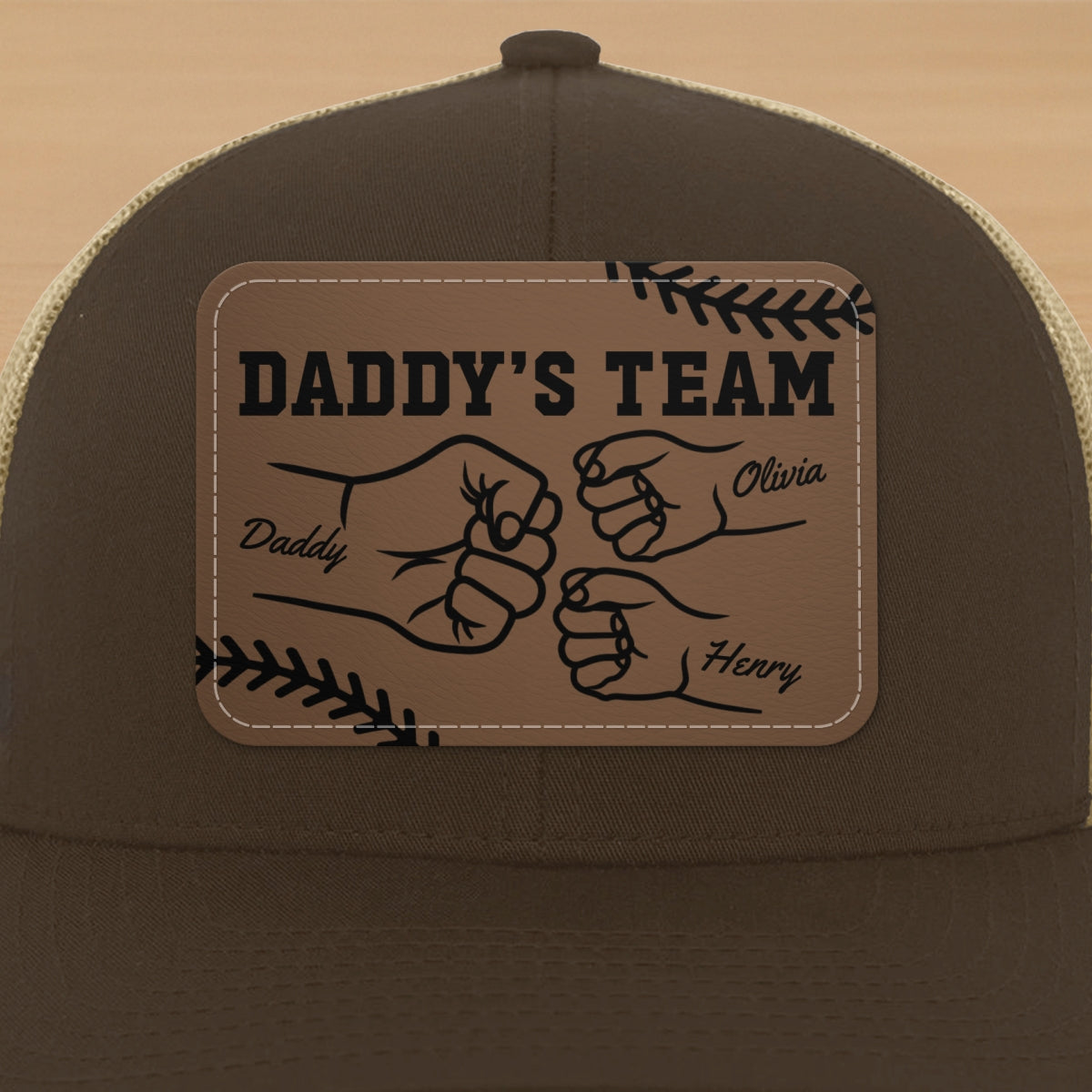 Baseball Daddy's Team Fist Bump Outline Personalized Leather Patch Hat
